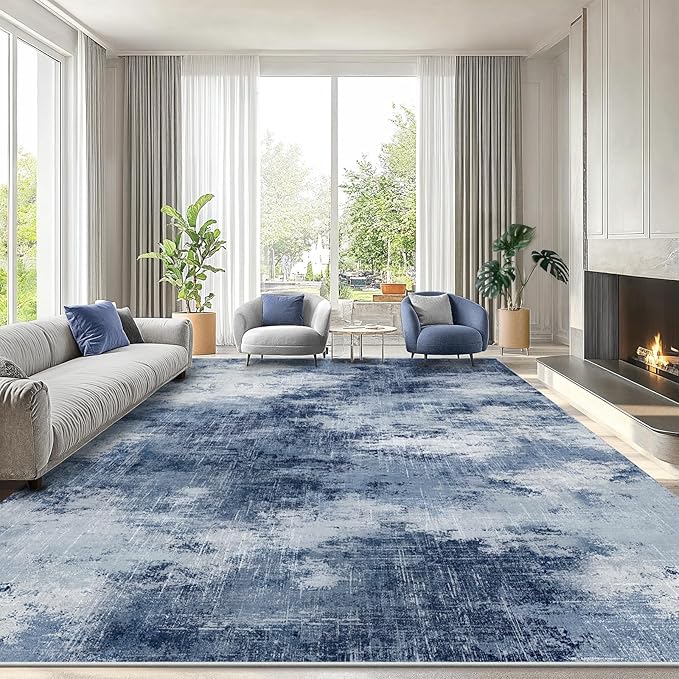 Amada 8x10 Washable Area Rug, Modern Abstract Living Room Rug with Non-Slip Backing & Short Pile, Large Rug with Abstract Pattern for Living Room, Bedroom and Dinning Room, Dark Blue