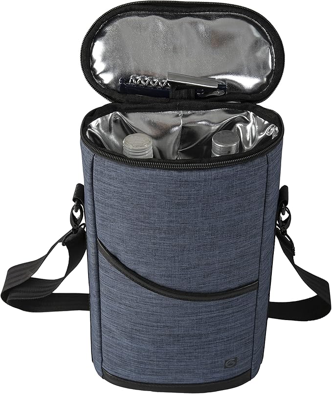 ALLCAMP 2 Bottle Wine Tote Carrier - Insulated Portable Padded Canvas Wine Bag for Travel, BYOB Restaurant, Wine Tasting, Party, Great Christmas Day Gift for Wine Lover，Blue