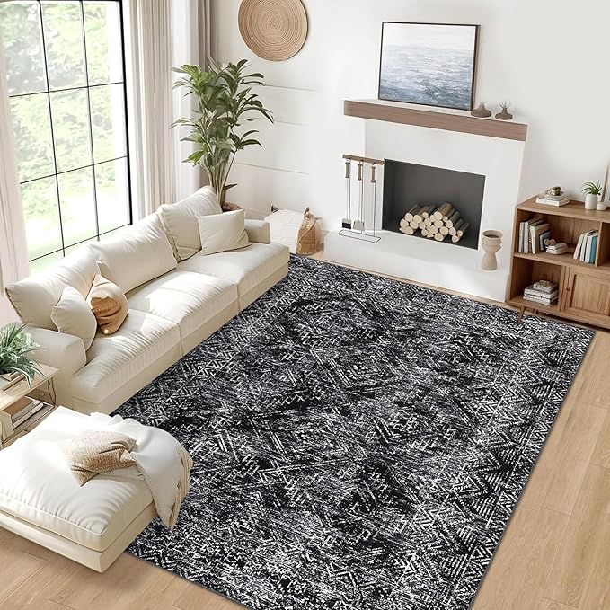 COZYLOOM 4x6 Washable Rug for Bedroom Vintage Non Slip Large Area Rug Geometric Soft Throw Rugs Low Pile Stain Resistant Carpet for Office Dining Room Living Room, Black