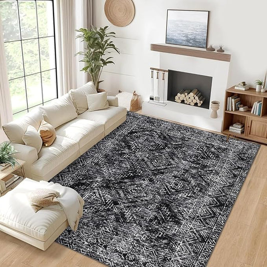 COZYLOOM 4x6 Washable Rug for Bedroom Vintage Non Slip Large Area Rug Geometric Soft Throw Rugs Low Pile Stain Resistant Carpet for Office Dining Room Living Room, Black