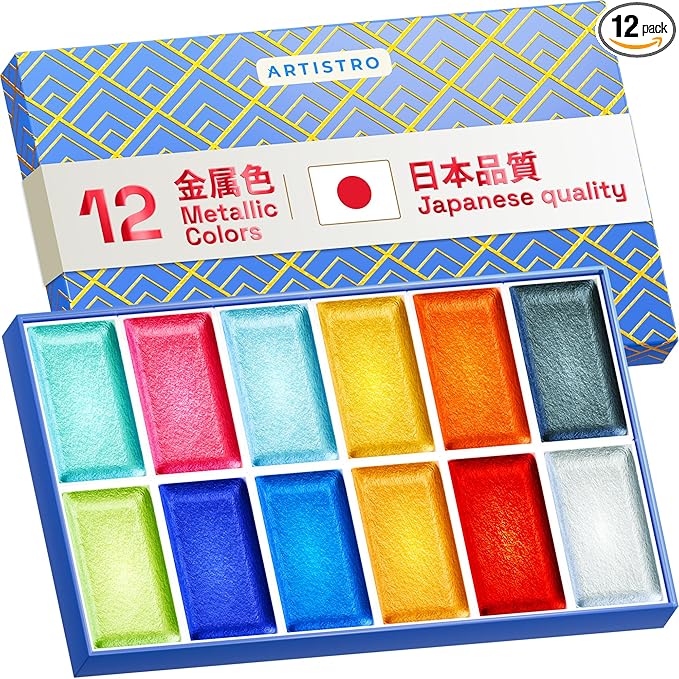 ARTISTRO Professional Metallic Watercolor Paint Set for Adults - 12 Pigment-Rich Metallic Colors, XL Pans, ASTM-I Lightfastness, High Tinting Strength Watercolor Set for Professionals made by professionals