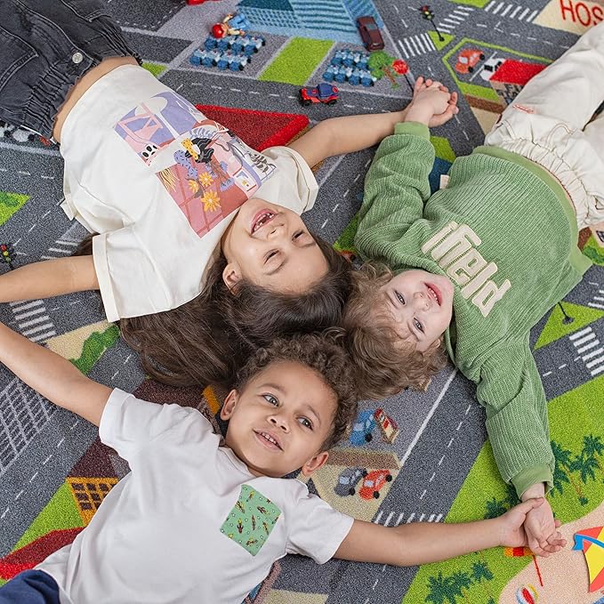 KC Cubs 8x10 City Streets Car Road Rug – Educational Non-Slip Play Mat for Kids, Toddlers, Nursery, Classroom, Playroom, Baby Daycare, Boy Girl Carpet