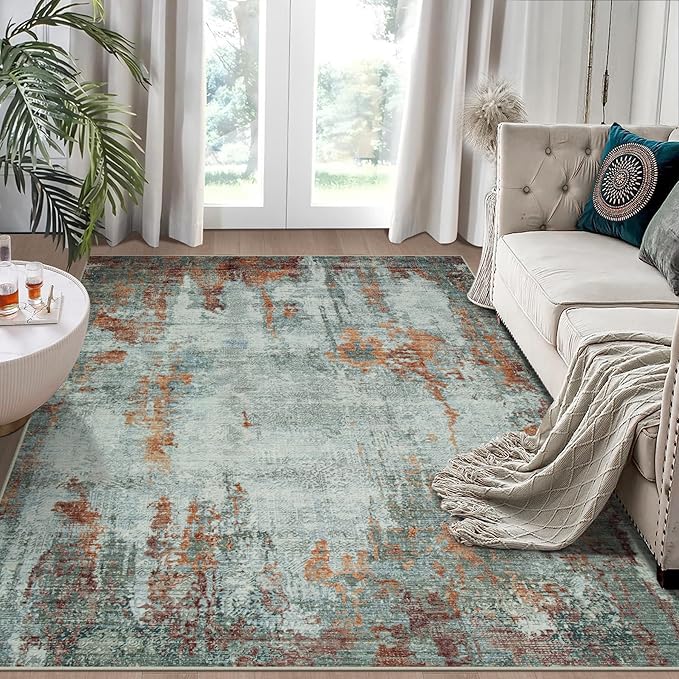 6x9 Area Rugs for Living Room Rug Washable: Modern Rug for Dining Room Bedroom Carpet Non Slip Low Pile 6 by 9 Indoor Abstract Nursery Home Office Red Brown