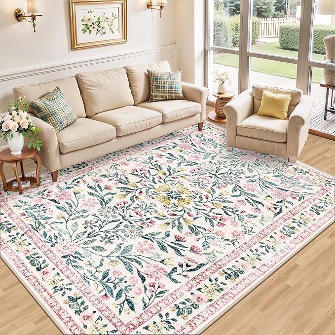 8x10 Area Rugs for Living Room: Floral Washable Rug Vintage Large Soft Boho Non-Slip Carpet Indoor Stain Resistant Low Pile Carpets for Bedroom Dining Room Farmhouse Nursery Home Office Pink Green