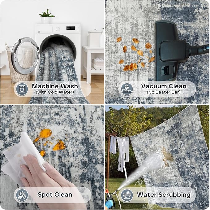 5x7 Area Rugs for Living Room Rug Washable: Modern Rug for Dining Room Bedroom Carpet Non Slip Low Pile 5 by 7 Indoor Abstract Nursery Home Office Blue Grey