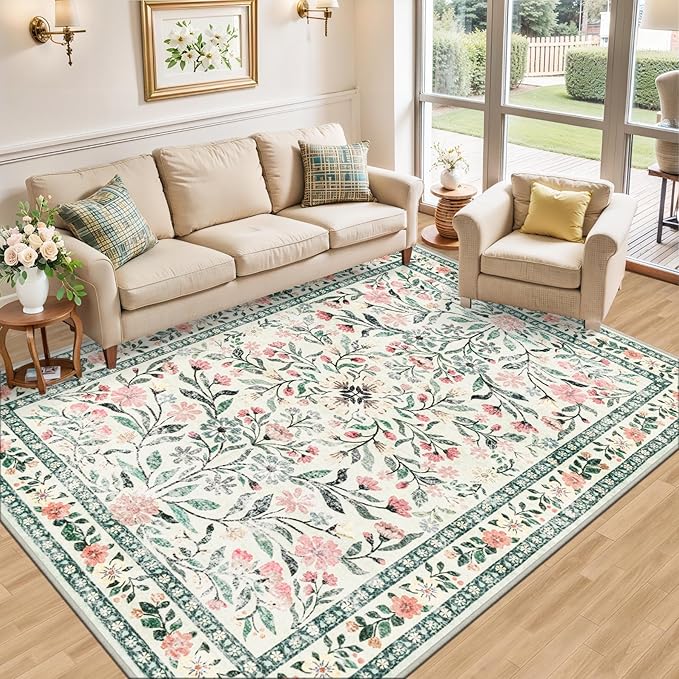 8x10 Area Rugs for Living Room: Floral Washable Rug Vintage Large Soft Boho Non-Slip Carpet Indoor Stain Resistant Low Pile Carpets for Bedroom Dining Room Farmhouse Nursery Home Office Green Beige