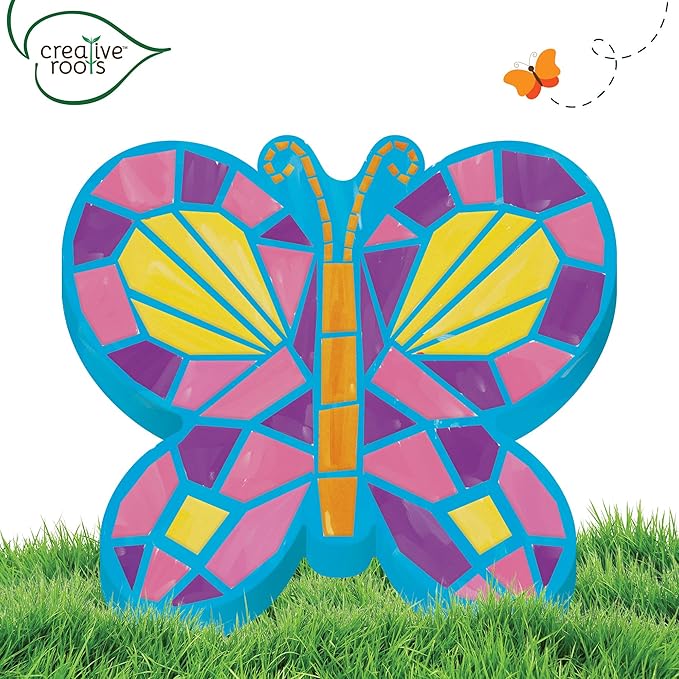 Creative Roots Mosaic Butterfly Stepping Stone Kit, Includes 7-Inch Ceramic Stepping Stone & 6 Vibrant Paints, Paint Your Own Stepping Stone, DIY Stepping Stone for Kids Ages 8+ White