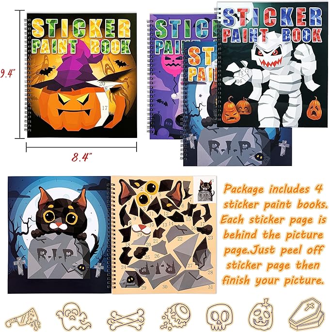90shine 4PCS Halloween Crafts for Kids Ages 4-8 Sticker Books Gift Party Favors Create 40 Pictures