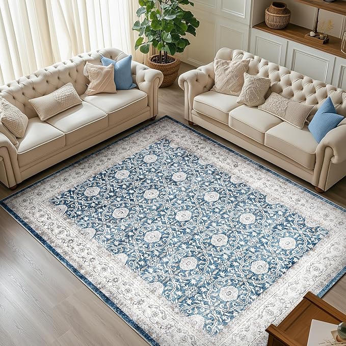 jinchan Floral 6x9 Area Rugs for Living Room - Machine Washable Vintage Distressed Boho Design Throw Rug Stain Resistant Carpet Low-Pile Thin Non-Slip for Bedroom Dining Room Nursery (6‘x9',Dark Blue)
