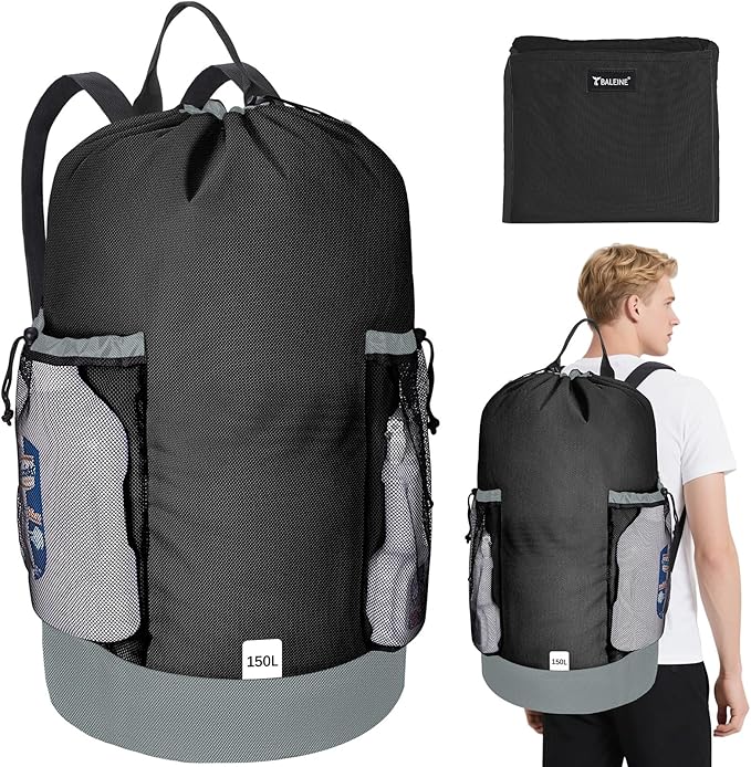 BALEINE 150L Laundry Bag Backpack, 900D Oxford Fabric Large Travel Laundry Bags with Shoulder Straps and 2 Mesh Pockets for College Dorm, Apartment, Laundromat (Black, 150L)