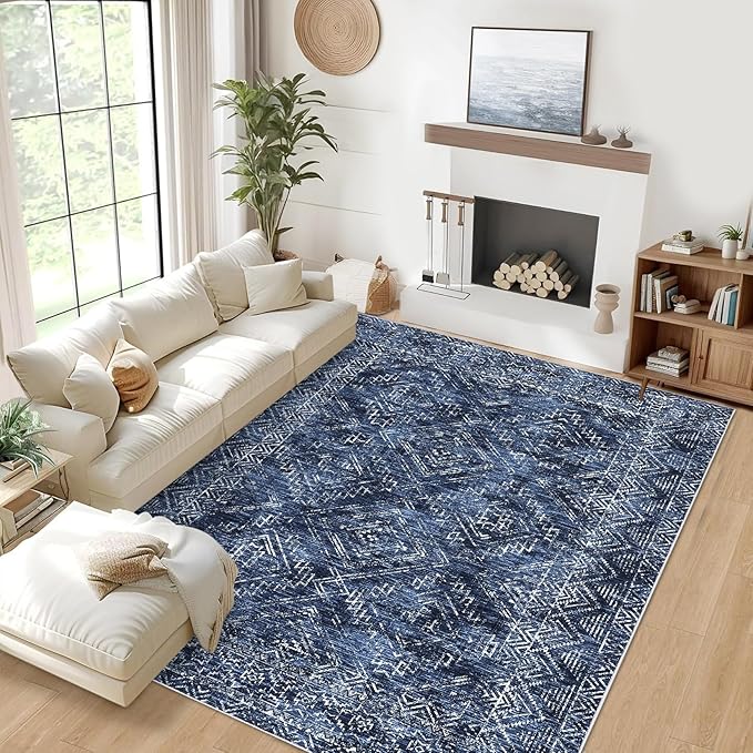 COZYLOOM 6x9 Washable Area Rug Vintage Non Slip Low Pile Rug Soft Throw Floor Cover Geometric Tribal Foldable Indoor Carpet for Living Room Bedroom Playroom Nursery, Blue