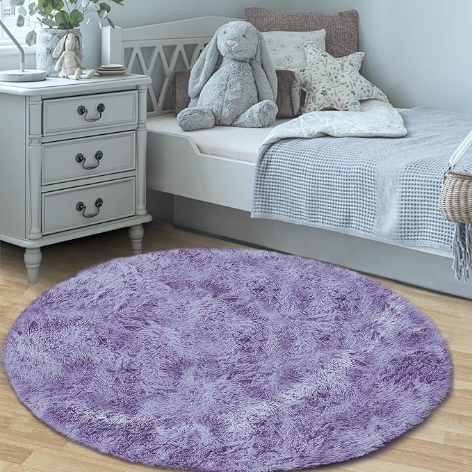 4FT Round Rug for Bedroom: Fluffy Shag Soft Washable Rugs Circle Small Fuzzy Plush Indoor Carpet for Living Room Nursery Playroom Dorm Kids Girls Boys Room (Purple, 4'x4')