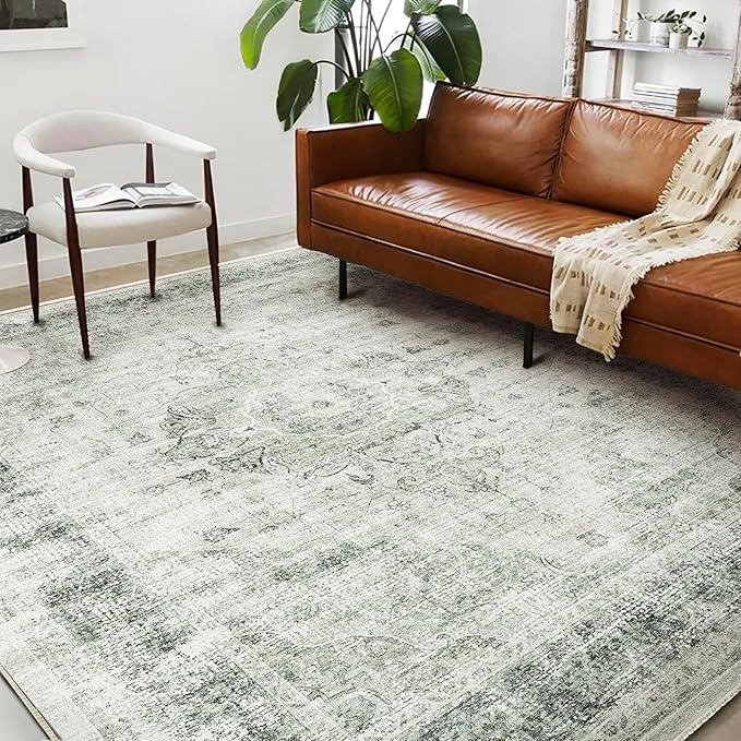 Area Rug 6'x9' Washable Floral Green Vintage Traditional Floor Cover Thin Retro Kitchen Indoor Distressed Non Slip Carpet for Living Room Bedroom Dining Room