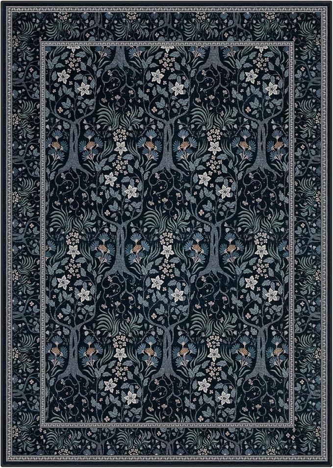 Joydeco Floral Living Room Rugs, Washable Large Bedroom Rug 8x10 Under Bed Non Slip, Soft Forest Botanical Low-Pile Floor Indoor Throw Carpet for Dining Table Home Office, Blue-Black