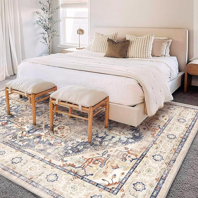 Area Rug 5'x7' Blue Khaki Washable Vintage Traditional Floor Cover Thin Retro Kitchen Indoor Distressed Non Slip Carpet Floral Print Mat for Living Room Bedroom Dining Room