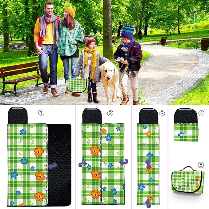 Extra Large Picnic Blanket Waterproof,80"x 80"Foldable Machine Washable Beach Blanket,Outdoor Blanket for 6-8 Adults,Suitable for Indoor Crawling,Park Beach,Camping,Hiking,Family Travel(Green)