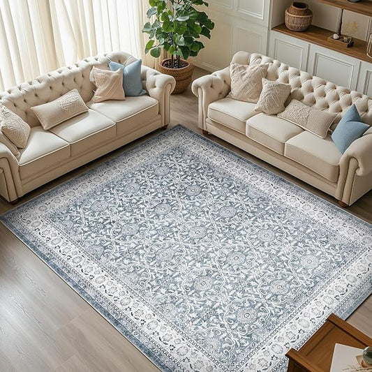 jinchan Floral 6x9 Area Rugs for Living Room - Machine Washable Vintage Distressed Boho Design Throw Rug Stain Resistant Carpet Low-Pile Thin Non-Slip for Bedroom Dining Room Nursery (6‘x9',Grey)