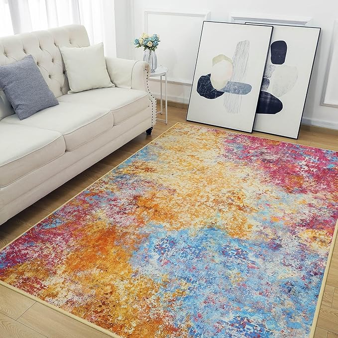 Kelarea Living Room Rug, 4x6 Modern Abstract Washable Rugs, Colorful Soft Non Slip Low Pile Carpet, Stain Resistant Rugs for Bedroom, Dining Room, Nursery, Home Office