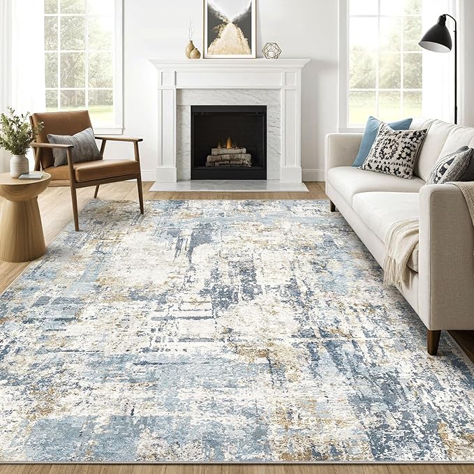 10x12 Area Rug Living Room: Washable Large Abstract Modern Soft Rugs Stain Resistant Indoor Floor Non Slip Accent Carpet for Bedroom Nursery Playroom Office Dining Room Dorm Home House- Light Blue
