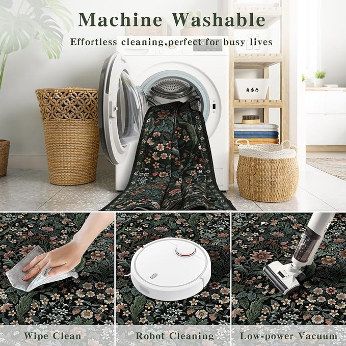 8x10 Washable Area Rug for Living Room, Large Vintage Black Floral Rugs, Soft Non-Slip Stain Resistant Boho Lightweight Carpet for Bedroom Dining Room Nursery Home Office