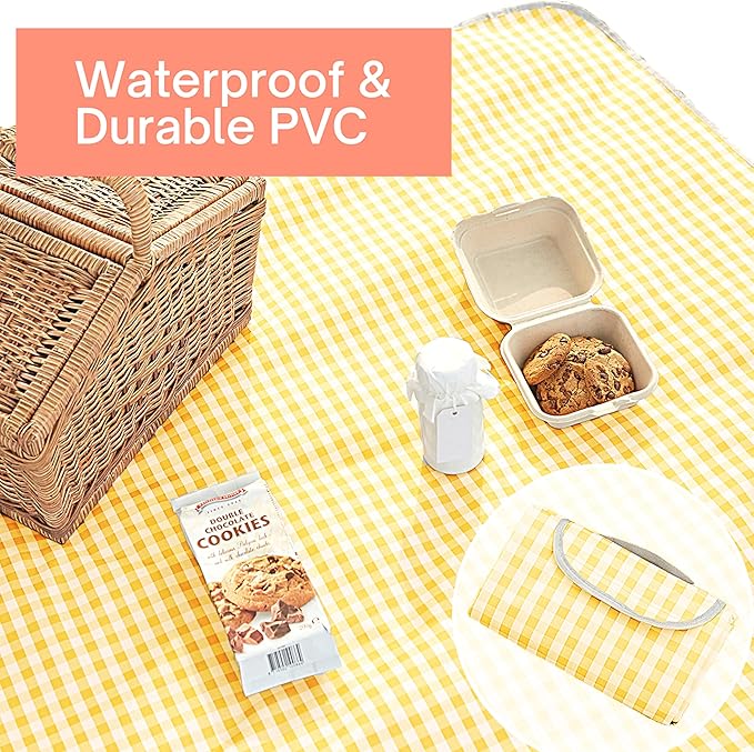 Cute Gingham Picnic Blanket, Waterproof Foldable, in Large 80x60in and Extra Large 80x80in, Portable Compact Beach Blanket, Oversized XL Outdoor Mat (Yellow, Large)
