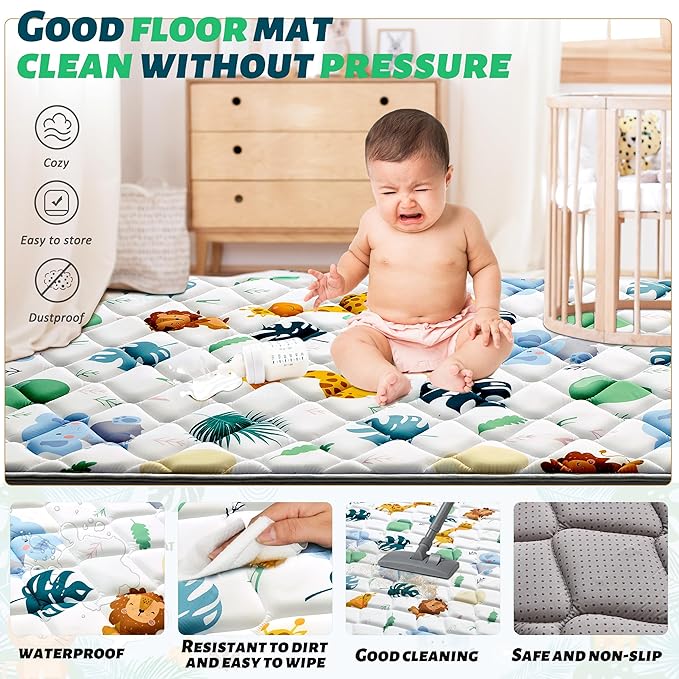 Baby Play Mats for Floor, 71x59 Playpen Mat for Babies, Extra Thicker & Soft Floor Crawling Mat, Foldable Non-Slip Playmat Cushioned for Infants Toddlers, Cute Animal Design