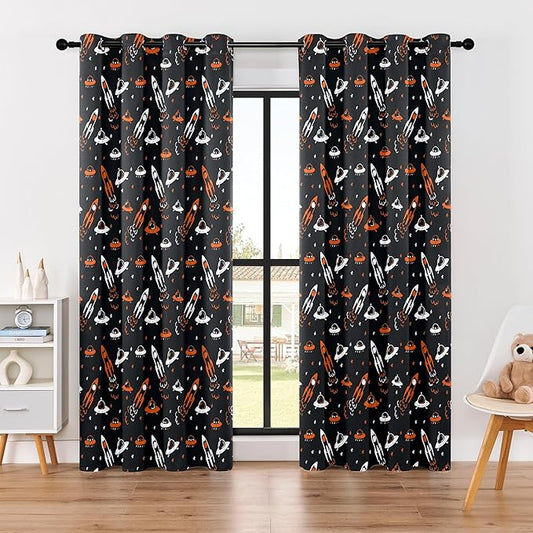 Kids Space Themed Blackout Curtains - 100% Blackout, Thermal Insulated, Noise Reducing, Perfect for Kids Room and Nursery, 2 Panels (Starlight Rocket Chase, W52×L84)