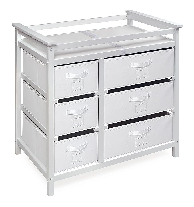 Badger Basket Modern Baby Changing Table - Diaper Station Organizer with 6 Storage Drawers, Reversible Baskets, Safety Rails - Baby Nursery Furniture with Changing Pad and Belt - White