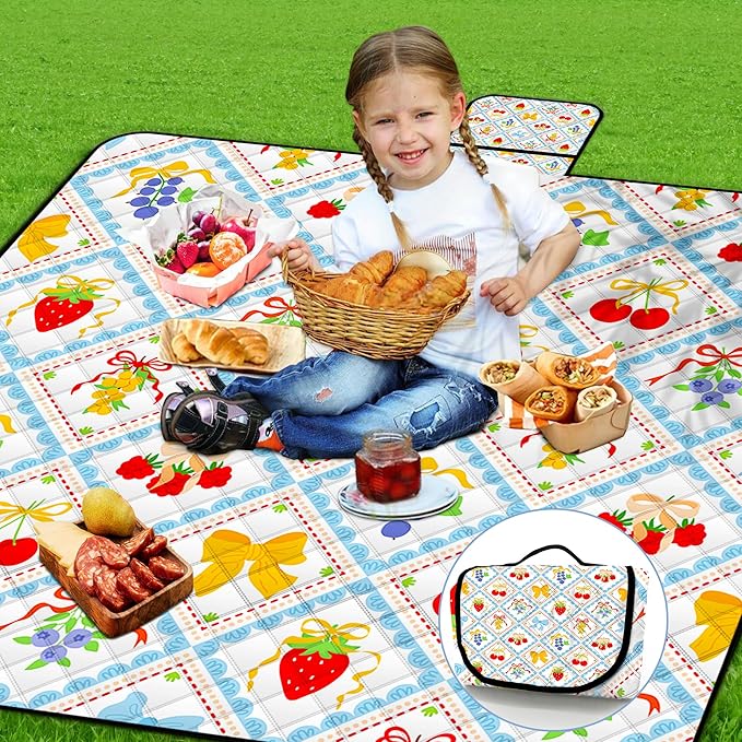 Extra Large Picnic Blanket Waterproof,80"x 80"Foldable Machine Washable Beach Blanket,Outdoor Blanket for 6-8 Adults,Suitable for Indoor Crawling,Park Beach,Camping,Hiking,Family Travel(Fruit)