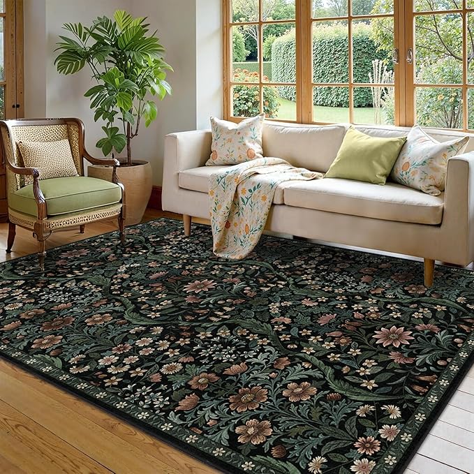 5×7 Black Washable Floral Area Rug,Vintage Boho Soft Low-Pile Living Room Rugs, Stain Resistant Botanical Non-Slip Carpet for Bedroom,Dining Room, Kids Nursery,Home Decor