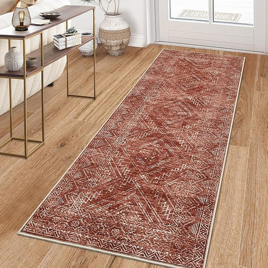 COZYLOOM 2x8 Rug Modern Indoor Area Rug Machine-Washable for Living Room or Bedroom Softness Foldable Carpet for Easy Storage Geometric Design Non Slip Rug Stain Resistant Carpet, Brick Red