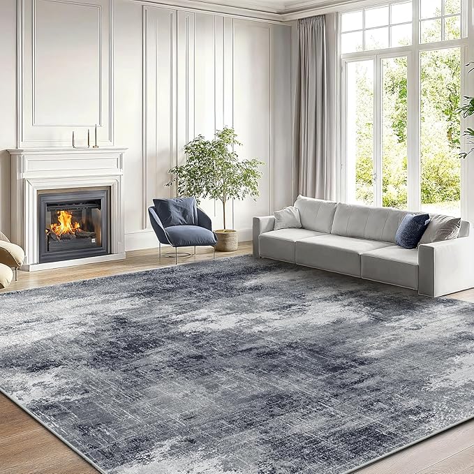 Amada 9x12 Large Area Rug, Modern Abstract Living Room Rug with Non-Slip Backing & Short Pile, Washable Rug with Abstract Pattern for Living Room, Bedroom and Dinning Room, Grey