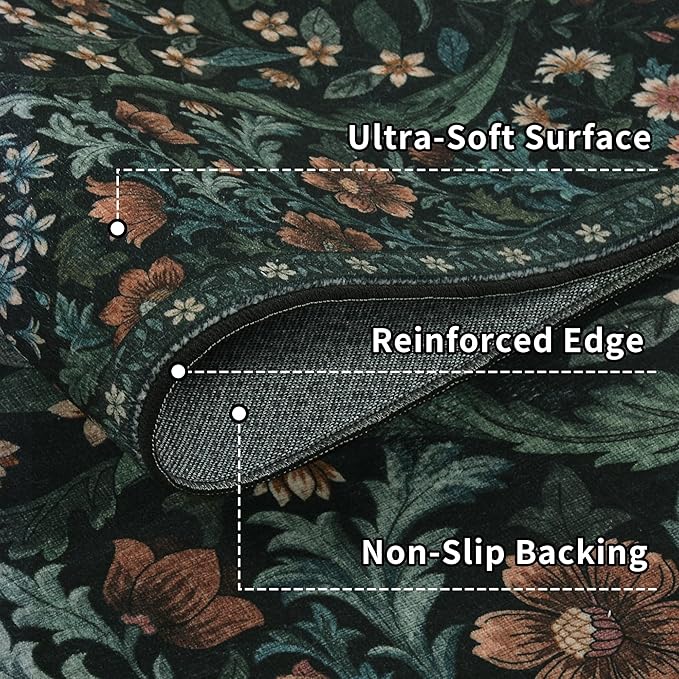 9x12 Black Vintage Floral Area Rug,Washable Large Boho Living Room Rugs,Botanical Print Non-Slip Stain Resistant Lightweight Carpet for Bedroom Dining Room Nursery