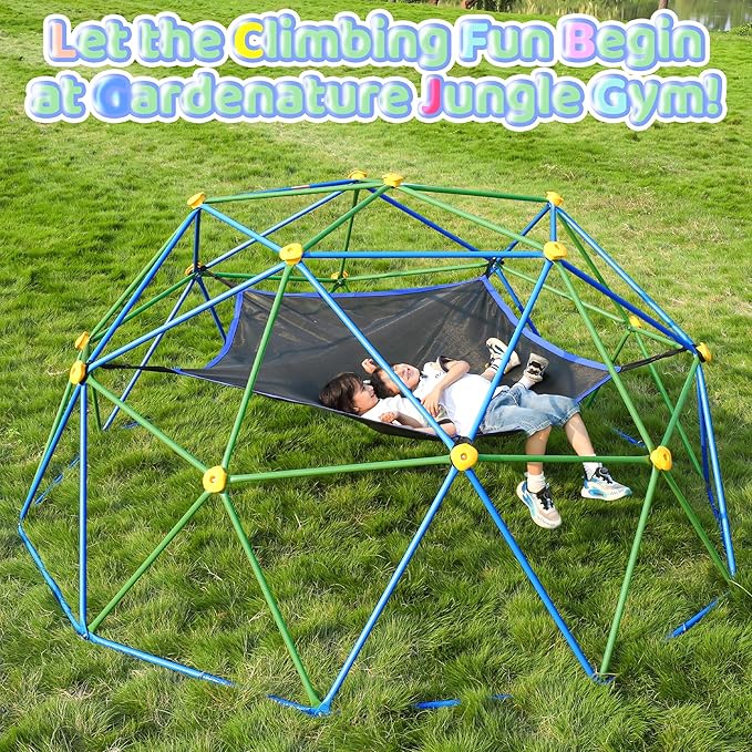 Gardenature 10FT Climbing Dome with Hammock, Outdoor Jungle Gym for Kids, Geometric Dome Climber Supporting 880 Lbs Anti-Rust Metal Outdoor Play Structure ASTM Approved Blue & Green