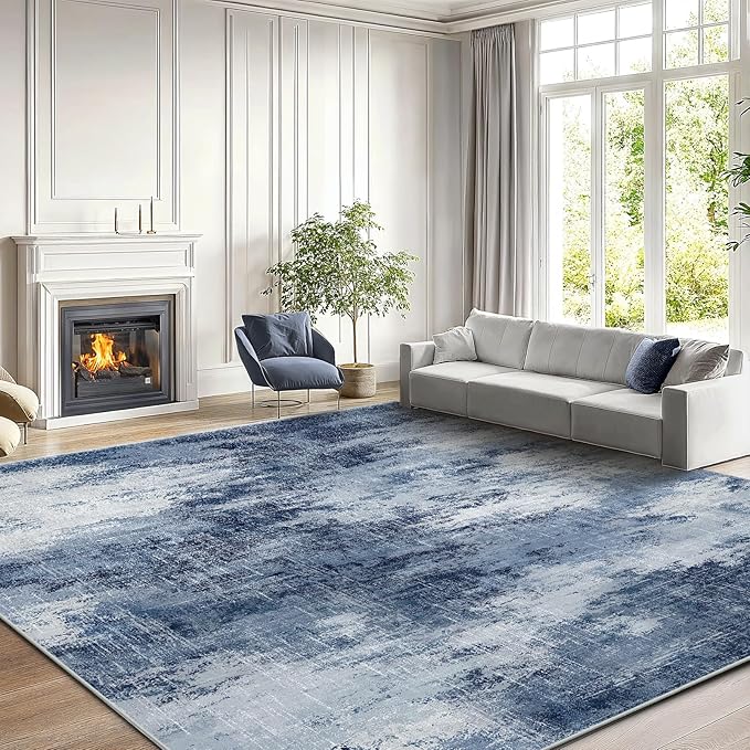 Amada 8x10 Washable Area Rug, Modern Abstract Living Room Rug with Non-Slip Backing & Short Pile, Large Rug with Abstract Pattern for Living Room, Bedroom and Dinning Room, Dark Blue