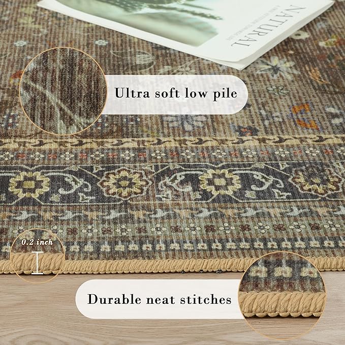 5x7 Machine Washable Area Rug for Living Room Dining Room, Vintage Floral Kitchen Rugs Non Slip, Traditional Indoor Floor Carpet for Bedroom, Farmhouse, Office Classroom Brown/Yellow