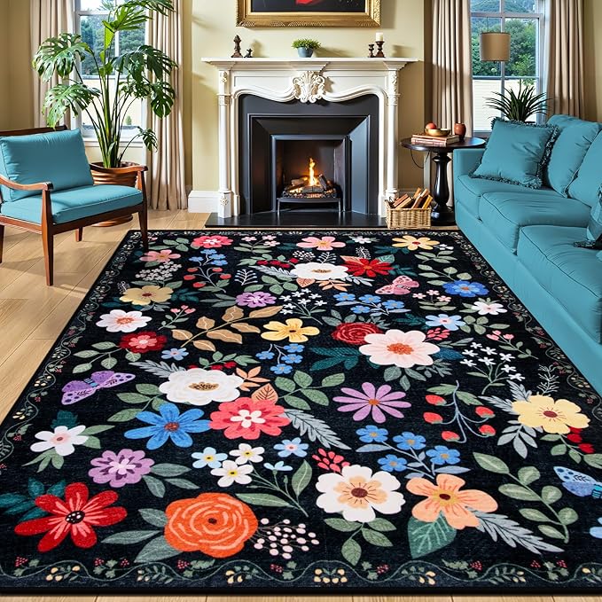 10x14 Area Rugs for Living Room: Floral Washable Rug Vintage Large Soft Boho Non-Slip Carpet Stain Resistant Low Pile Carpets for Bedroom Dining Room Farmhouse Nursery Hallway Home Office Black