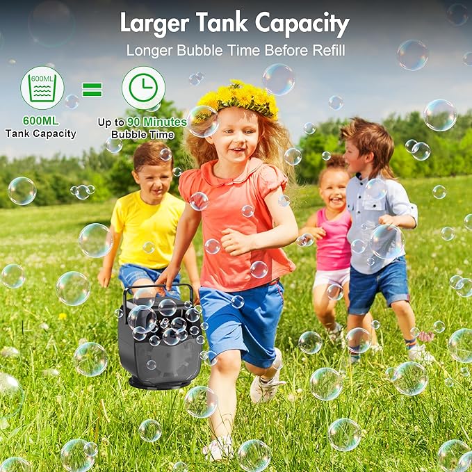 5000mAh Rechargeable Bubble Machine, 90°/180°/360° Auto Rotation, 3 Speeds, Automatic Bubble Blower for Parties, Weddings, Getherings Indoor Outdoor, Bubble Maker Toy for Toddlers, Kids, Pets