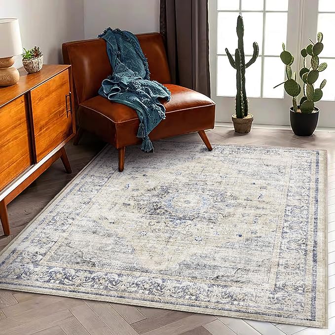 Area Rug 5'x7' Washable Rug Floral Blue Vintage Traditional Floor Cover Thin Retro Kitchen Indoor Distressed Non Slip Carpet for Living Room Bedroom Dining Room