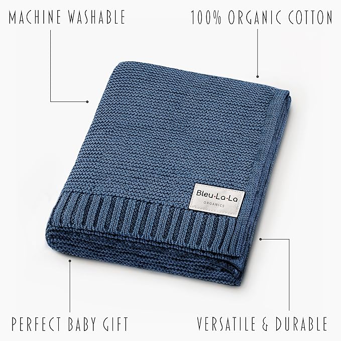 Heritage Knit Organic Cotton Receiving Swaddle Blanket for Boys - 100% Organic Soft Luxury Cotton Warm Cuddle Swaddling Crib Blanket for Newborns Infants Toddler (0-2Yrs - Denim Blue)