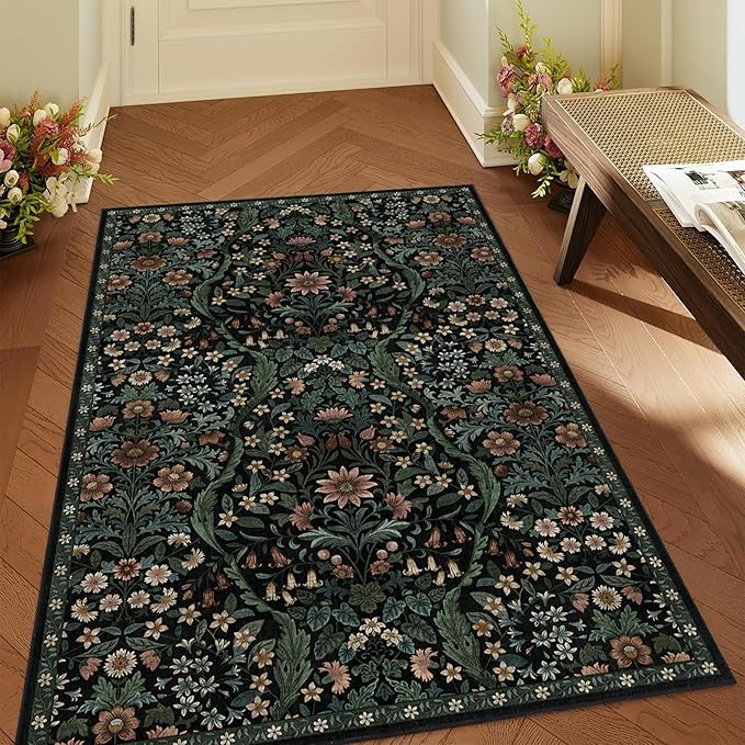 3x5 Black Boho Floral Vintage Area Rug,Soft Lightweight Low Pile Non-Shedding Carpet,Machine Washable Stain Resistant & Non-Slip for Entryway,Bedroom, Kids Room,Living Room