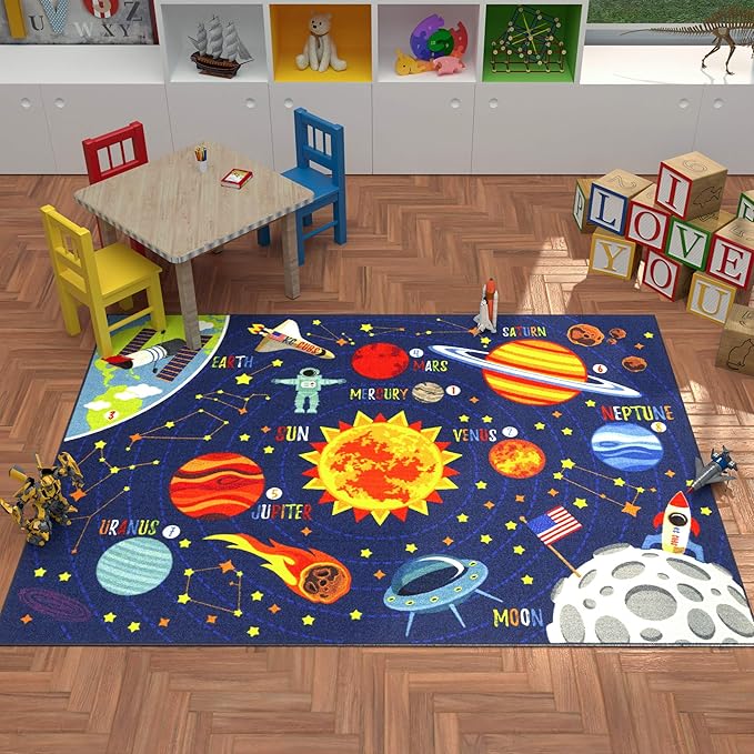 KC Cubs 8x10 Outer Space Solar System Toy Car Road Rug – Educational Play Mat Carpet for Kids, Toddlers, Nursery, Classroom, Playroom, Baby Daycare