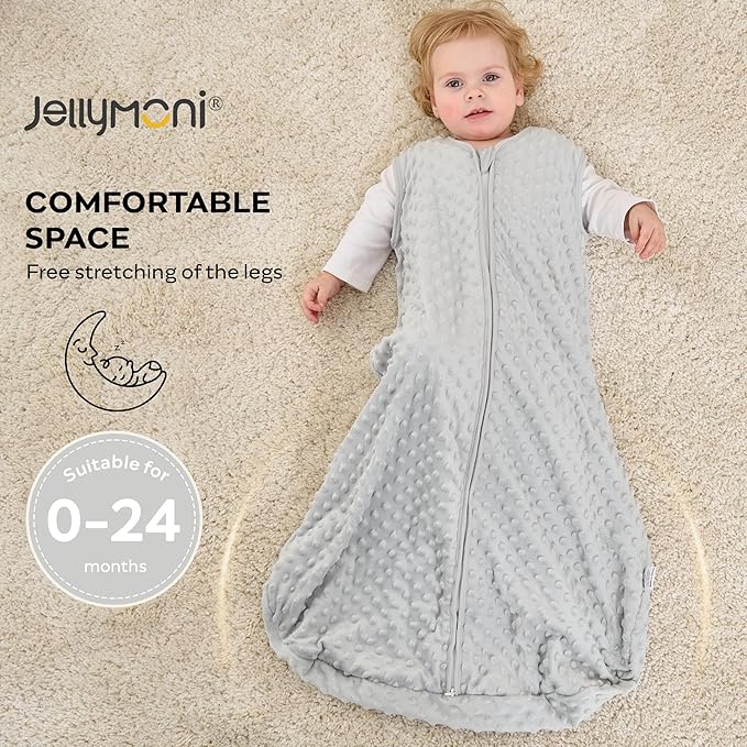 JELLYMONI Fleece Baby Sleep Sack 12-24 Months, 1.5 Tog Warm Winter Baby Wearable Blanket with Plush Dots and 2-Way Zipper, Cotton Toddler Sleep Sack