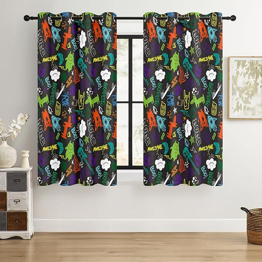 Kids Teen Graffiti Space Blackout Curtains - 100% Blackout, Thermal Insulated, Noise Reducing, Perfect for Kids Room and Nursery, 2 Panels (Graffiti Space Vibes, W52×L63)