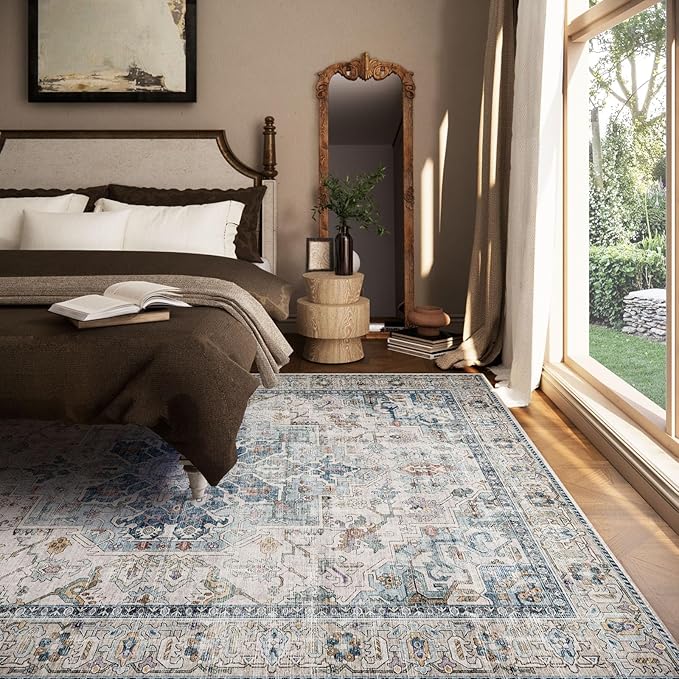 6x9 Area Rugs for Living Room: Washable Bedroom Rug Boho Vintage Rugs Stain Resistant Non Slip Low Pile Soft Lightweight Carpet for Kitchen Dining Room Farmhouse Nursery Kids Room Home Office