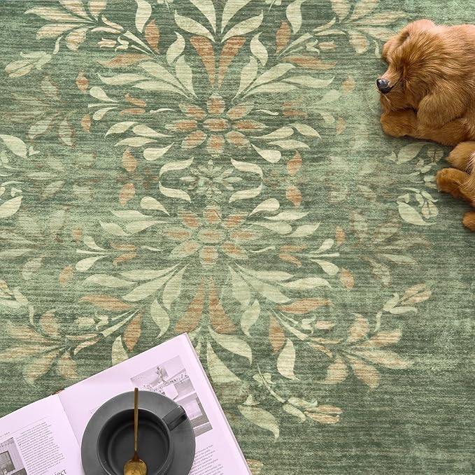 jinchan Round Rug 4ft Area Rugs Vintage Floral Distressed Design,Machine Washable Soft Non-Slip Low-Pile Ultra-Thin Circle Rug for Entryway Bedside Living Room Kitchen Nursery (4' Round,Dark Green)