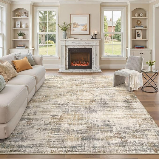 Area Rug for Living Room: 10x14 Washable Neutral Abstract Modern Soft Rugs Non Slip Indoor Floor Stain Resistant Large Carpet for Bedroom Dining Room Office Nursery - Golden Brown