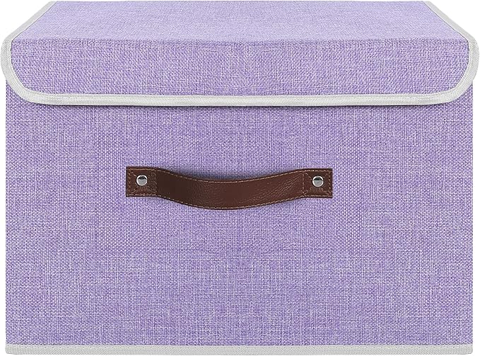 ANMINY 4PCS Storage Bins with Lid PU Leather Handles Storage Boxes PP Plastic Board Decorative Foldable Lidded Cotton Linen Fabric Home Cubes Baskets Closet Organizer Containers - Purple, Large Size