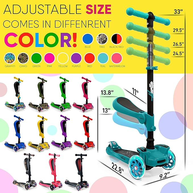 Hurtle 3-Wheeled Scooter for Kids - Wheel LED Lights, Adjustable Lean-to-Steer Handlebar, and Foldable Seat - Sit or Stand Ride with Brake for Boys and Girls Ages 1-14 Years Old