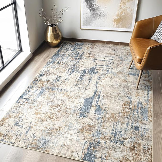 4x6 Rug Washable Area Rugs: Abstract Modern Soft Stain Resistant Indoor Floor Accent Non Slip Carpet for Living Room Entryway Kitchen Bedroom Nursery Office Bedside Home House Decor- Tan